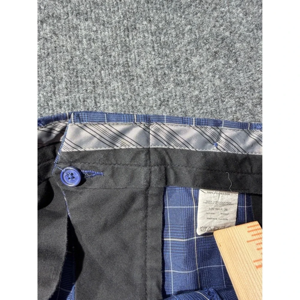 Blue Plaid Golf Shorts Mens 38 Windowpane Check Polyester Flat Front Casual